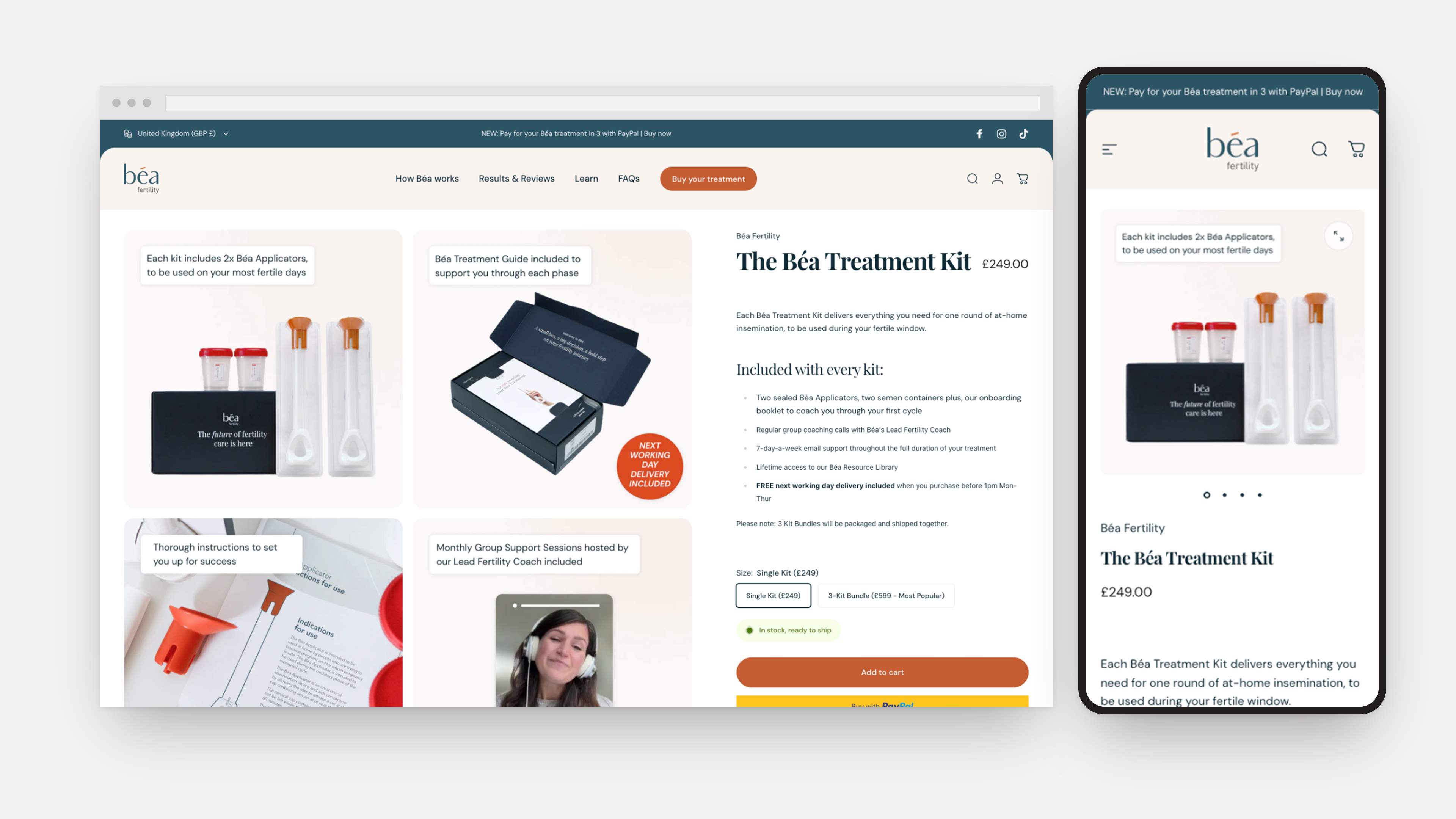 The old Béa Kit product page, shown on desktop and mobile, before the rebrand