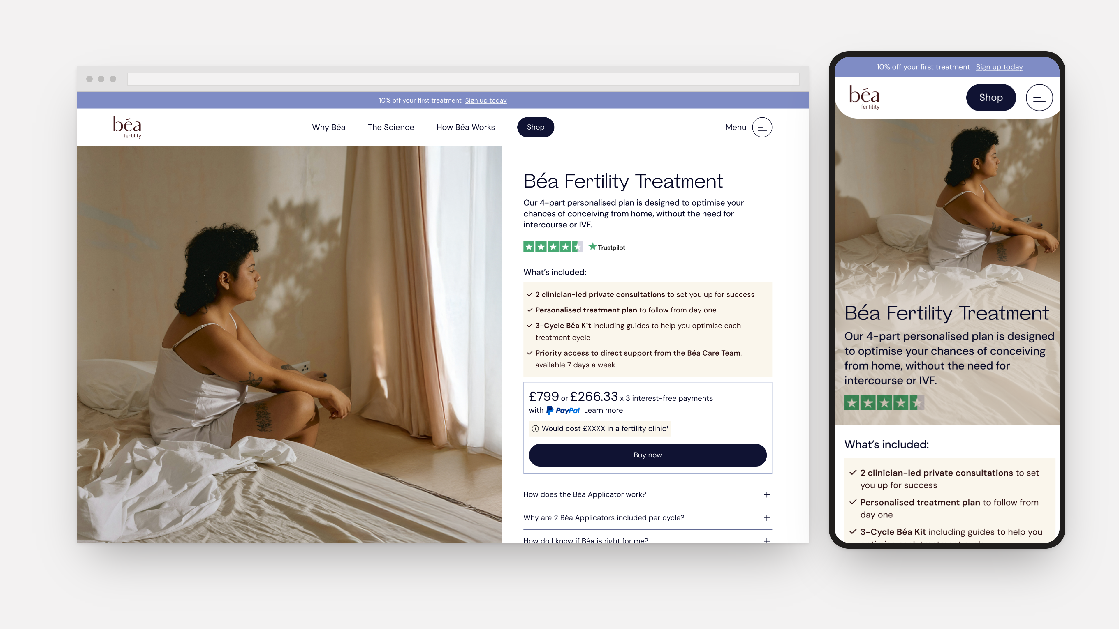 The Béa Fertility Treatment product page, shown on desktop and mobile, reframed around what's included in the bundled programme